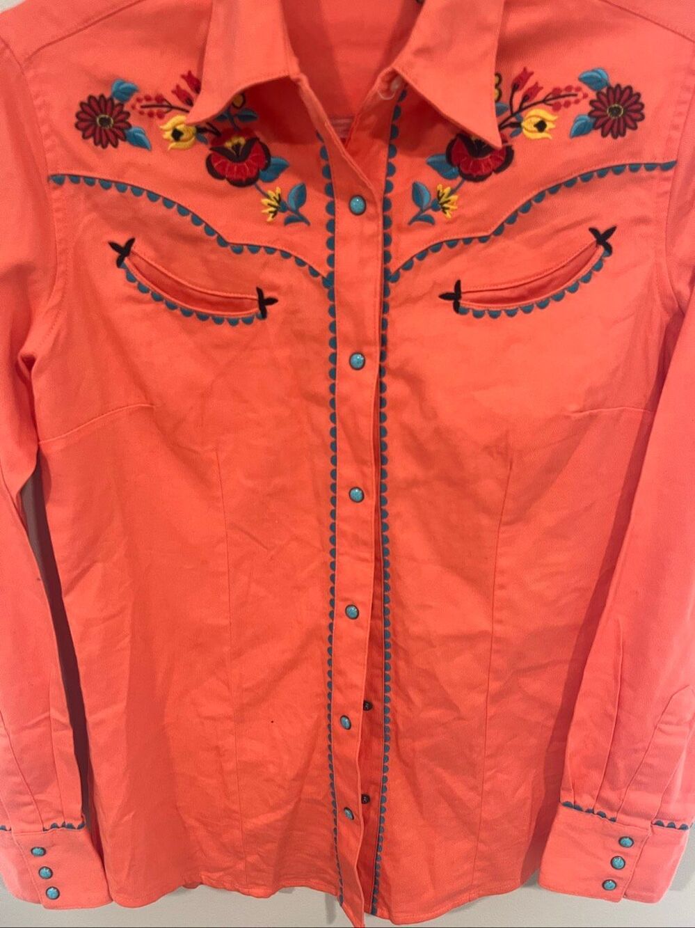 Women's Wrangler Coral Pearl Snap Embroidered Western Shirt Small Turquoise - Picture 3 of 5
